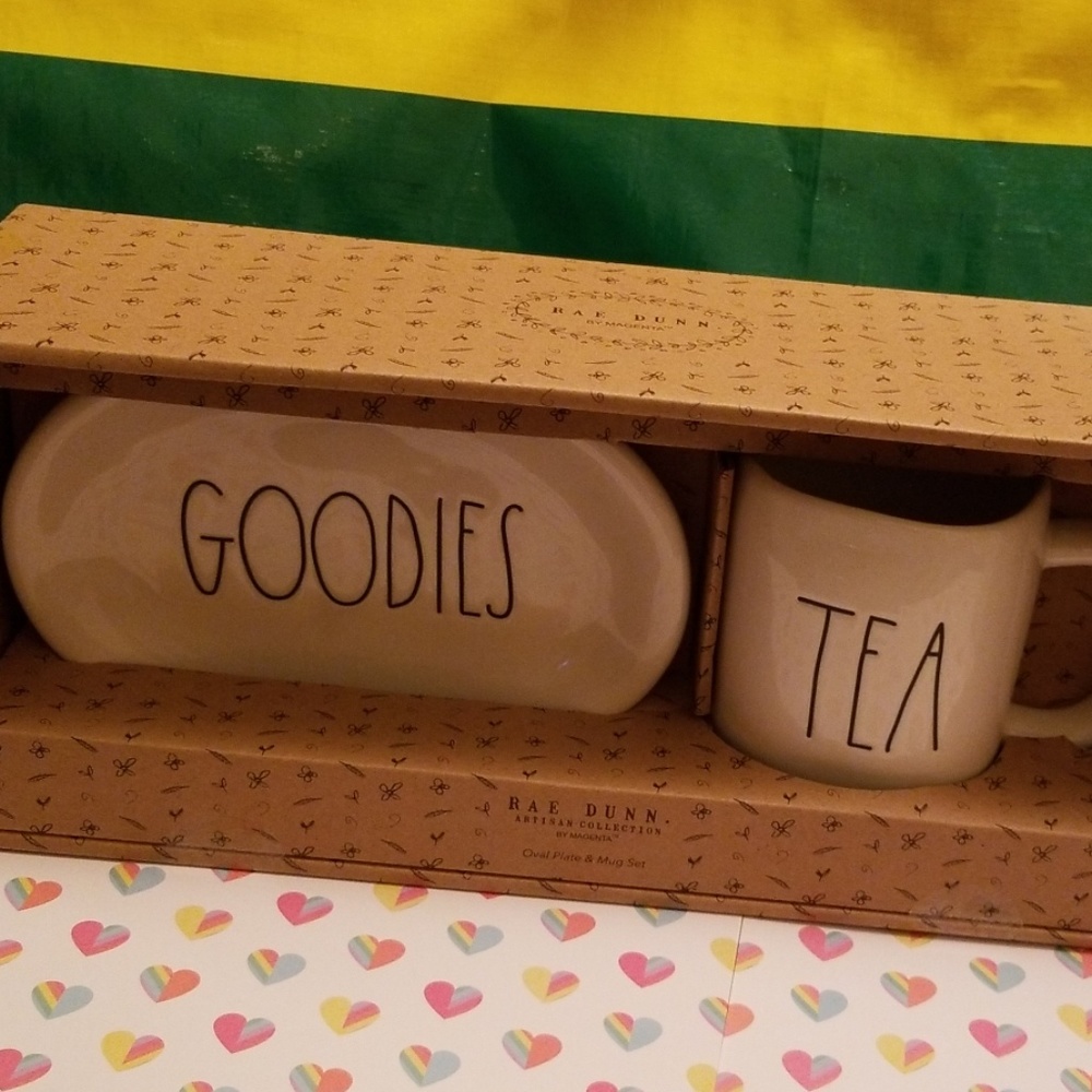 New Rae Dunn "GOODIES/TEA" plate & coffee mug set